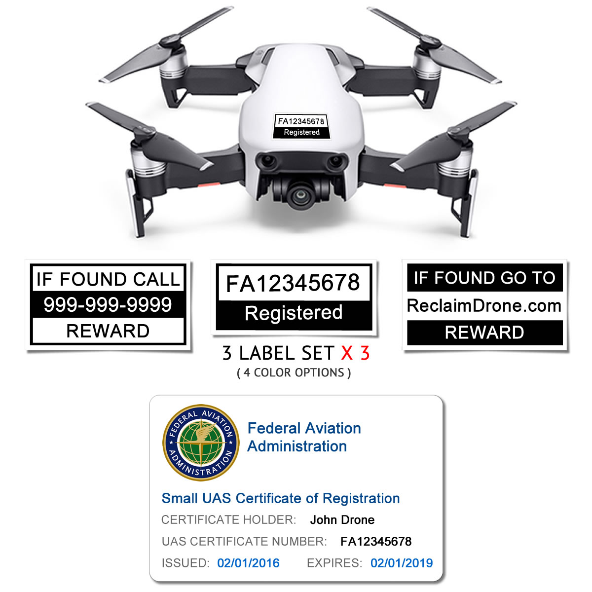 DJI Mavic Air (shown in White) - FAA Identification Bundle, FAA Registration Number Labels and Registration ID Card for Hobbyists