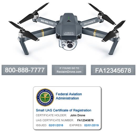 DJI Mavic Pro FAA UAS Registration Certificate and identification labels