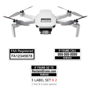 DJI Mini 2 - FAA Registration Labels, FAA and Phone number in black on white background