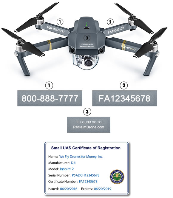 FAA Registration labels and ID card with Mavic Pro drone