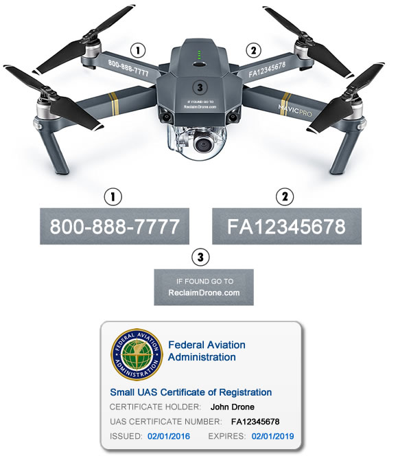 FAA number and phone number labels on Mavic Pro drone with FAA Registration ID Card