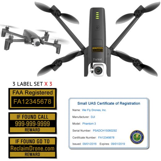 Parrot Anafi FAA Certificate Registration ID card and label bundle for commercial drone pilots