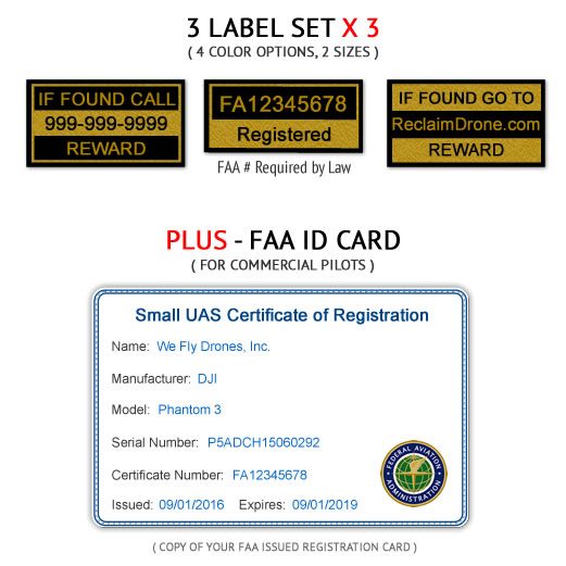 Drone FAA UAS Registration Certificate and identification labels for commercial drone pilots