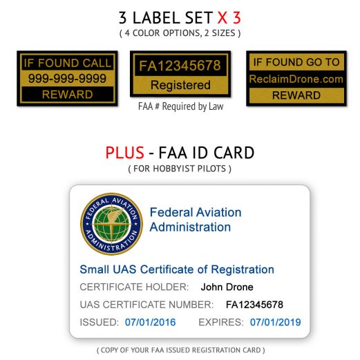 Drone FAA UAS Registration Certificate and identification labels for hobbyist drone pilots