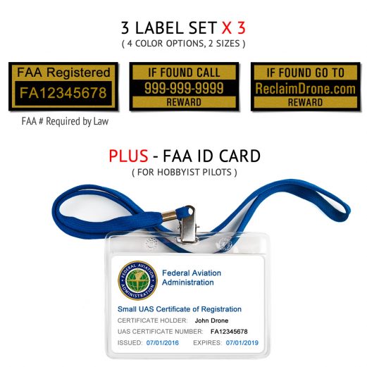 Universal drone FAA Certificate Registration ID card and label bundle for hobbyist drone pilots