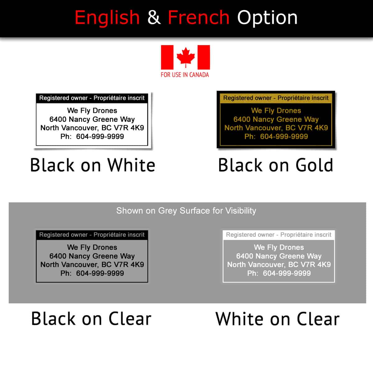 Canadian Drone owner information labels, stickers, decals