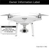 Drone owner information label, sticker, decal on DJI Phantom 4 Pro