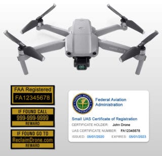 Drone with FAA labels and Registration ID card