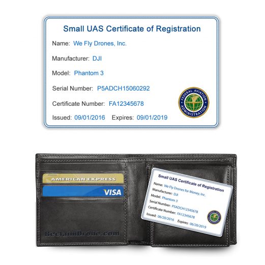 FAA UAS Certificate of Registration ID Card for commercial drone pilots