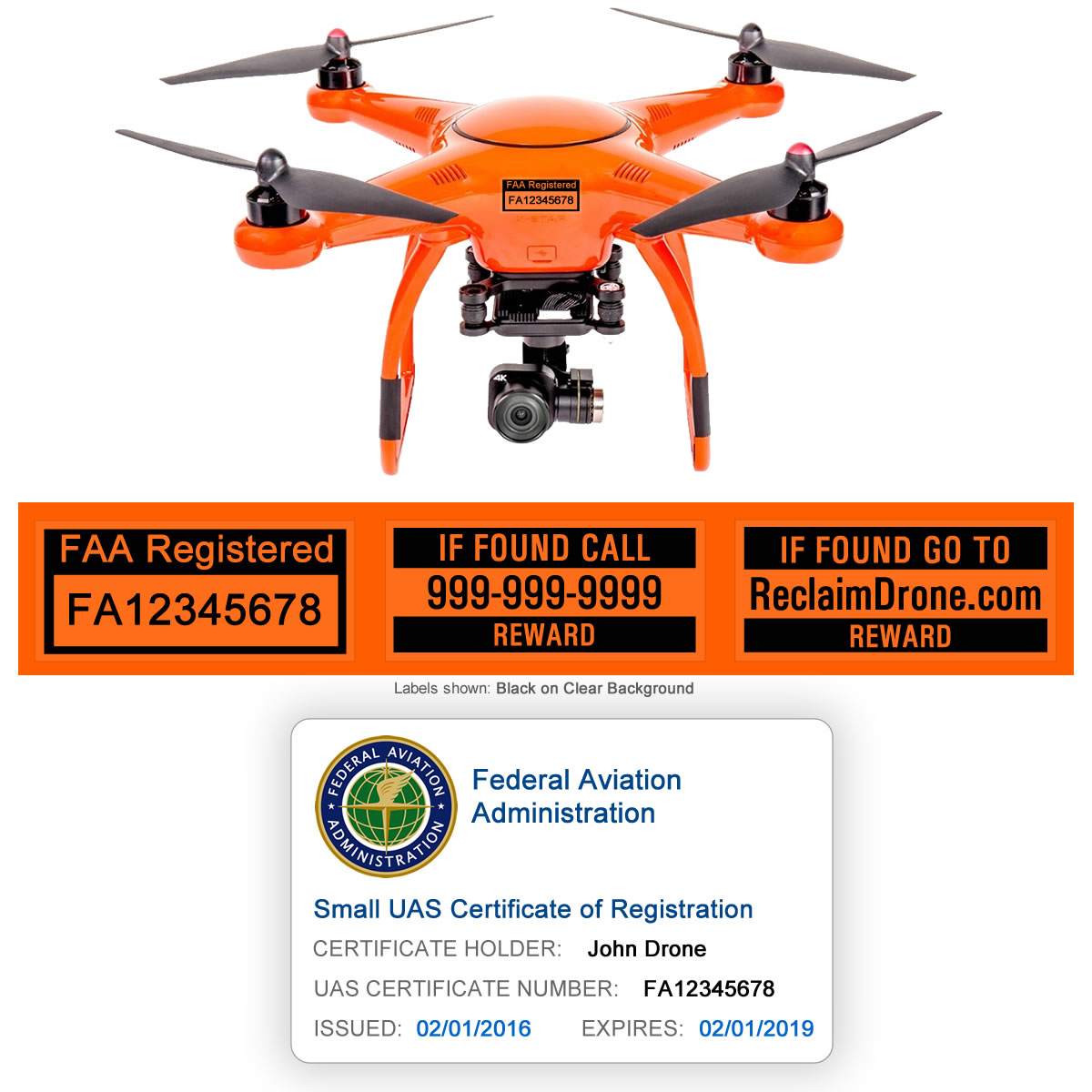 X-Star Premium Drone shown with FAA ID Card and FAA labels