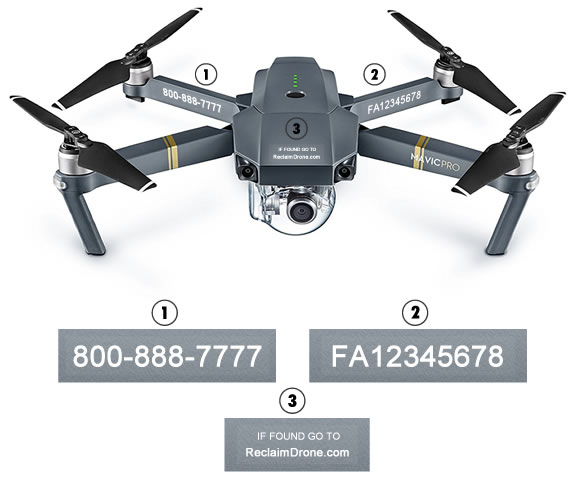 Mavic Pro drone with FAA number, phone number and ReclaimDrone.com labels applied in case of loss