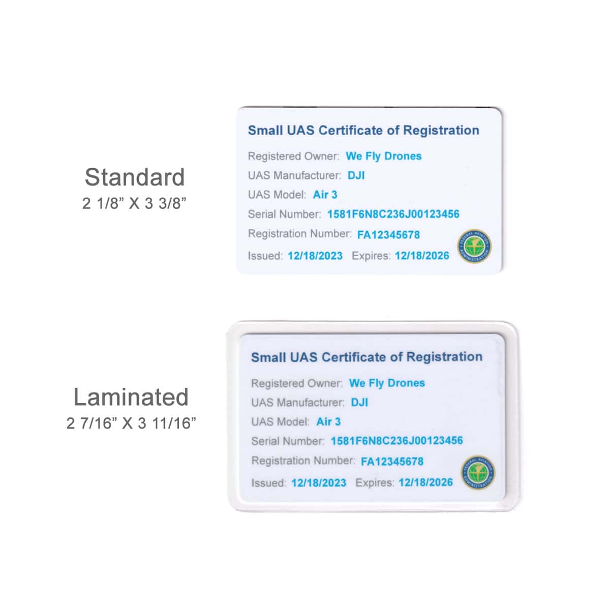 Laminated and non-laminated FAA UAS Certificate cards
