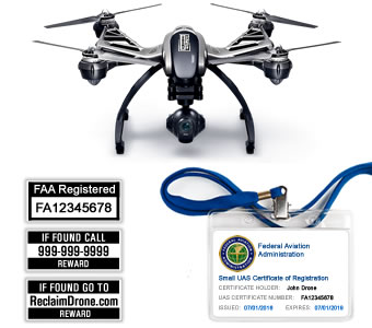 Yuneec Typhoon Q500 FAA Certificate Registration ID card and label bundle for hobbyist drone pilots