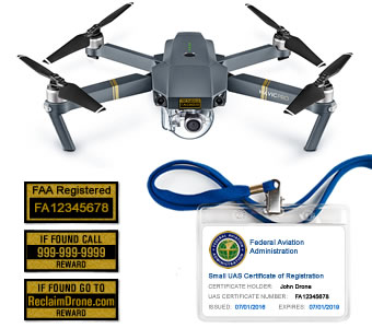 DJI Mavic Pro drone with FAA Certificate Registration ID card and label bundle for hobbyist pilots