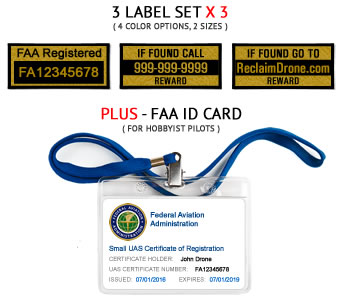 Universal drone FAA Certificate Registration ID card and label bundle for hobbyist drone pilots