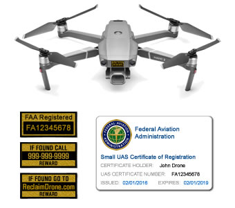 Mavic Pro 2 or Zoom FAA Certificate Registration ID card and label bundle for hobbyist drone pilots