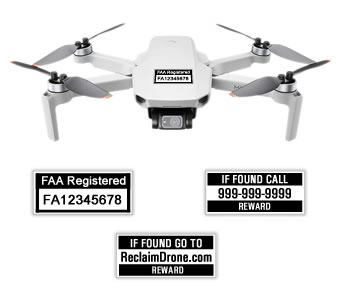 DJI Mini 2 - FAA Registration Labels, FAA and Phone number in black on white background
