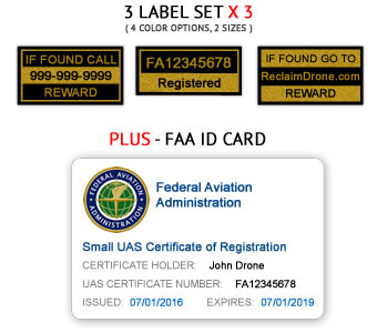 Drone FAA UAS Registration Certificate and identification labels for hobbyist drone pilots