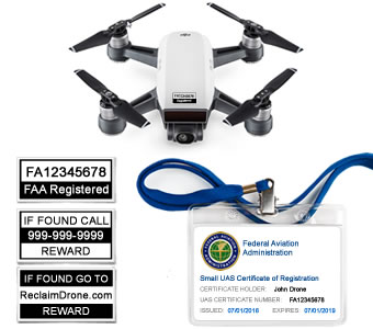 DJI Spark drone with FAA Certificate Registration ID card and label bundle