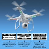 Drone hovering in air displaying FAA UAS Registration number labels
