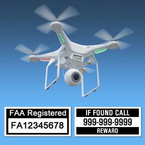 Drone hovering in air displaying FAA Registration number labels