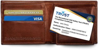 TRUST - Recreational UAS Safety Test Completion Certificate and wallet