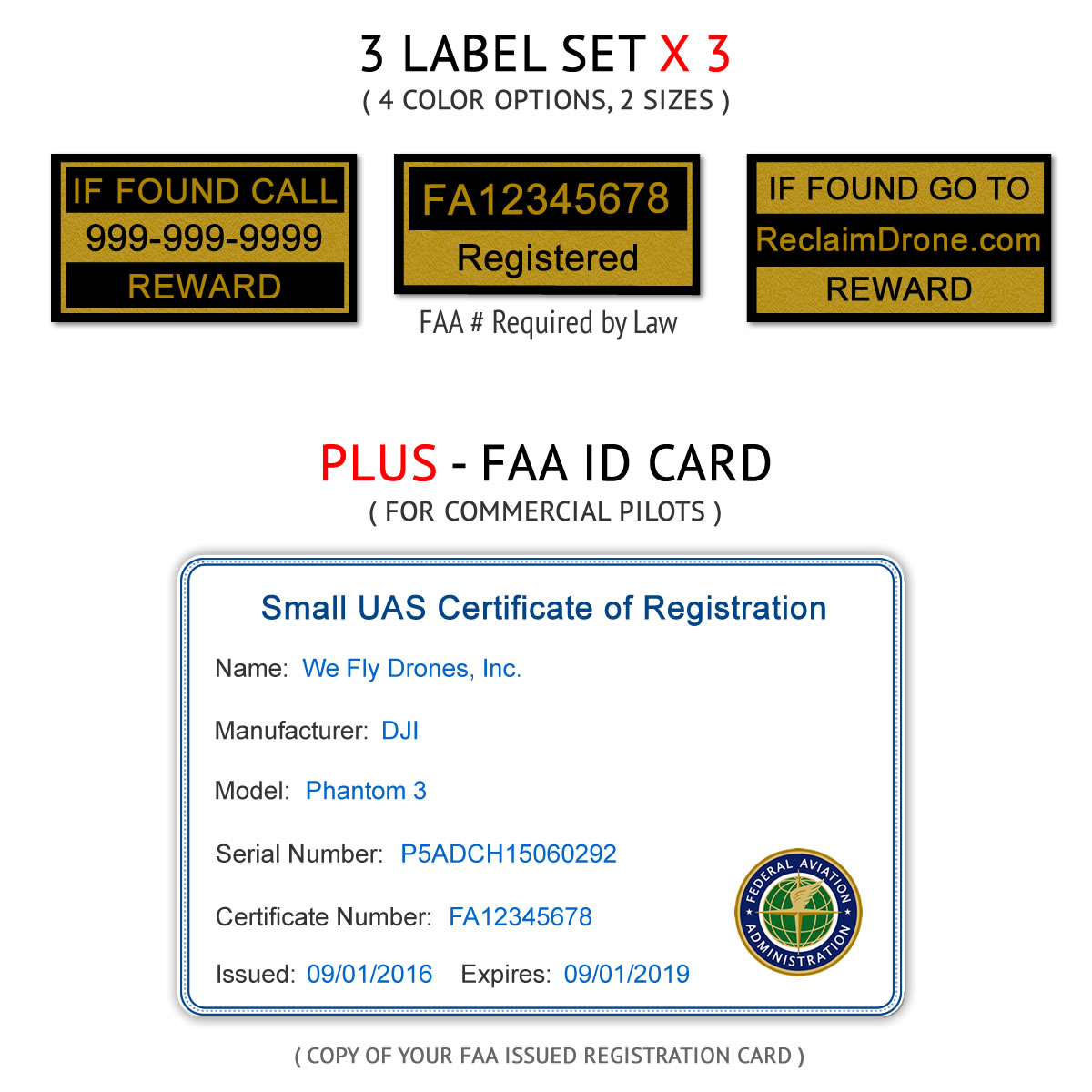 Bundle – FAA Registration ID Card and Labels (3 sets) – Commercial Pilots
