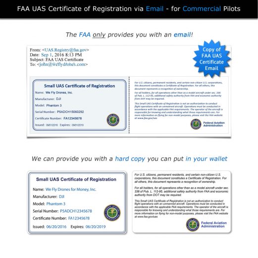 FAA UAS Certificate of Registration Card – For Commercial Pilots